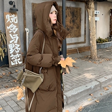 军绿色羽绒服女冬季新款韩系宽松长款过膝保暖加厚连帽白鸭绒外套，女装羽绒服，1D066-1