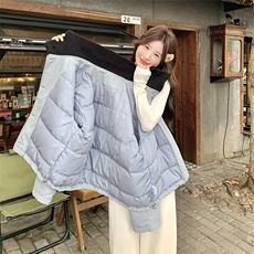 蓝色设计感针织拼接立领羽绒服女2025冬新款宽松加厚保暖白鸭绒服，女装短外套，2C129