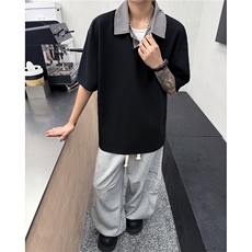 夏装2025新款千鸟格拼接翻领短袖T恤POLO衫夏季男装半袖S421特38，男装Polo衫，电商A233-1