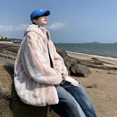 XZ213-MY35-P128控148港风大码扎染羊羔毛冬季宽松潮牌连帽棉衣，男装棉衣，星座213