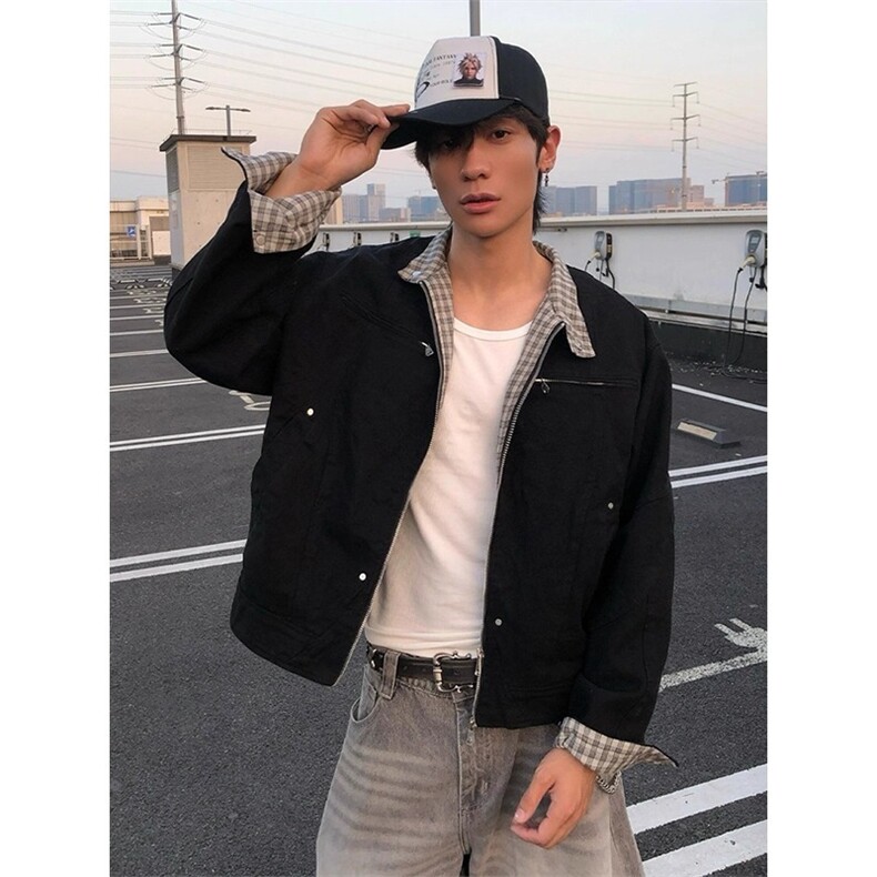 JK8569-P76美式复古格纹工装夹克男女秋季cleanfit百搭宽松立领,男装T恤,电商B323A