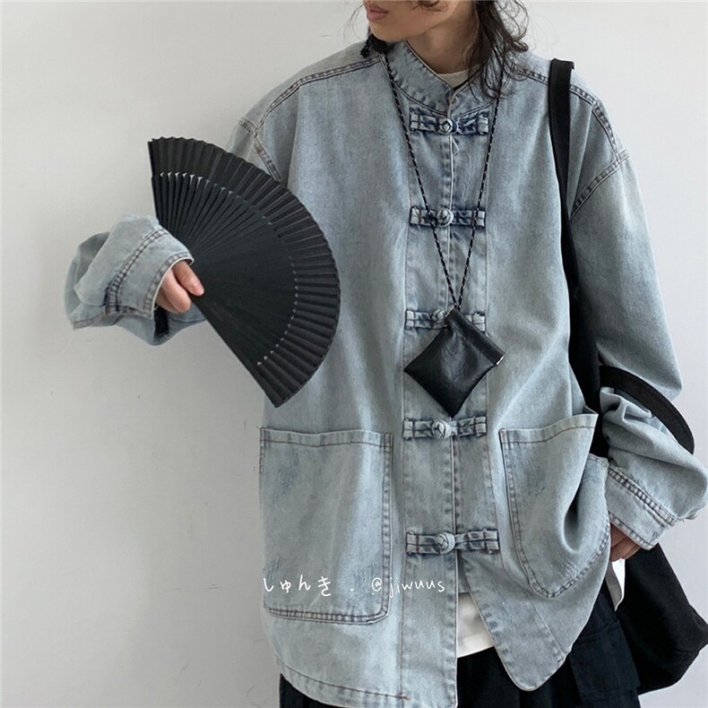 风复古盘扣设计牛仔上衣秋季宽松男女休闲衬衫外套-NT863图片