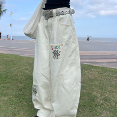 美式休闲白色弯刀牛仔裤男潮牌复古高级感解构多口袋宽松阔腿长裤，男装牛仔裤，四季星座505