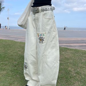 美式休闲白色弯刀牛仔裤男潮牌复古高级感解构多口袋宽松阔腿长裤图片