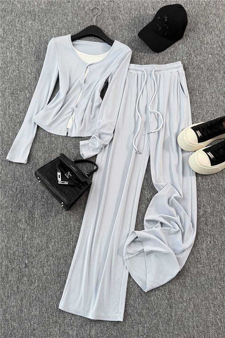 韩版休闲运动套装女春季新款圆领拼接假两件短款上衣阔腿裤两件套,女装套装/套裙,江南