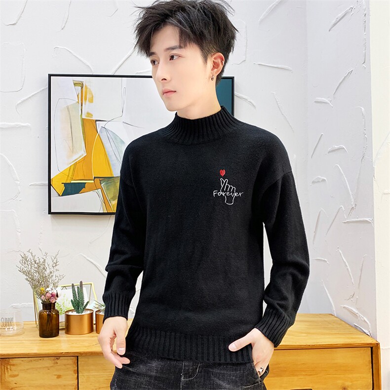 秋冬中领毛衣男比心套头外套男毛衫打底针织衫高领爱心黑M227P35图片
