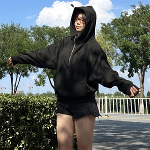 抖音得物二开 美式重磅宽松结构拉链设计防风高领连帽卫衣外套W76图片