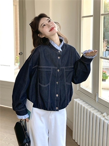 韩系撞色明线牛仔短外套木耳边假两件设计感宽松休闲秋装上衣女图片