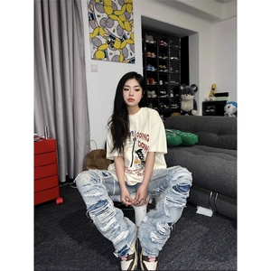 2026美式高街大破洞牛仔裤男女阔腿直筒裤乞丐裤子K70456-P45网图图片