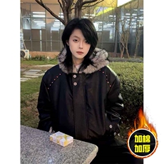现货冬季美式潮牌痞帅PU皮机车服棉衣毛毛绒狼王座山雕皮棉服，男装棉衣，电商A486-1