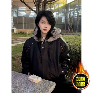 现货冬季美式潮牌痞帅PU皮机车服棉衣毛毛绒狼王座山雕皮棉服图片