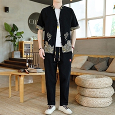 2025新款风男装夏季短袖开衫唐装男汉服套装一套-7717-P60，男装休闲套装，星座1105