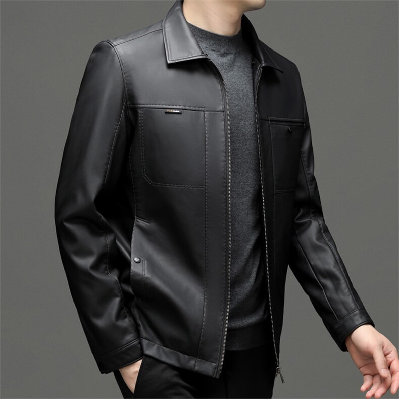 冬季男士翻领纯色皮羽绒新款商务休闲上衣中年加厚保暖白鸭绒外套,男装皮衣,电商B212（原钱塘6029）