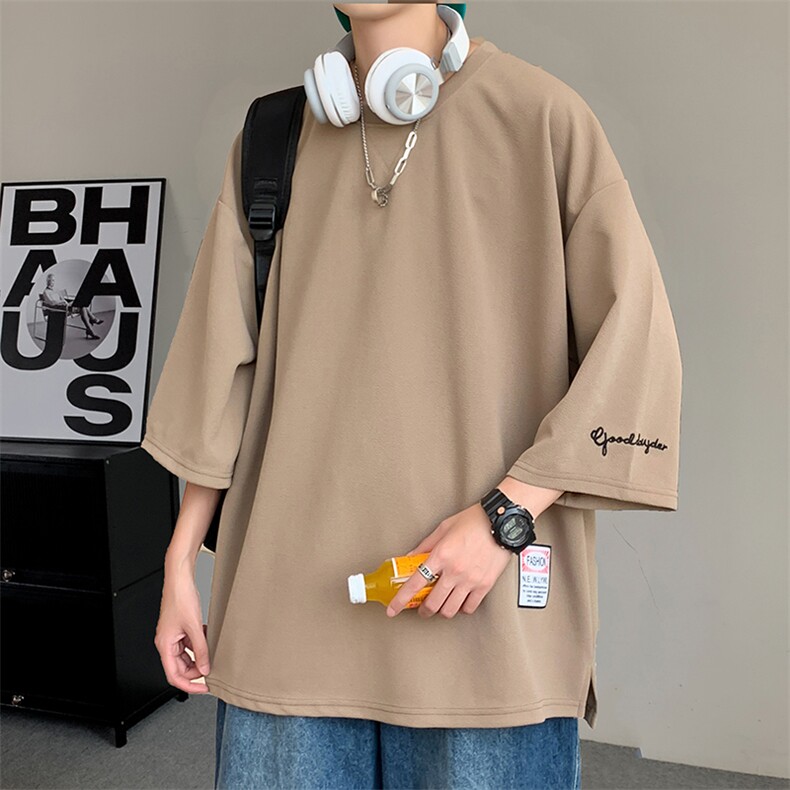 常年做冰丝T恤2025夏装日系刺绣七分袖短袖T恤男咖啡色上衣大码胖，男装T恤，星座909-2（原星座717-2）