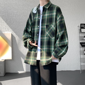 衬衫男春季新款港风宽松大码磨毛格子长袖衬衣CS2018-P35图片