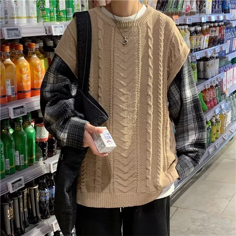 秋冬季韩版潮流上衣假两件毛衣男加厚格子拼接针织衫男 M867-P44图片