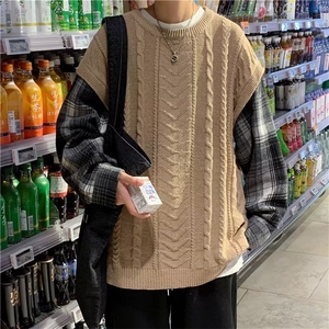 秋冬季韩版潮流上衣假两件毛衣男加厚格子拼接针织衫男 M867-P44图片