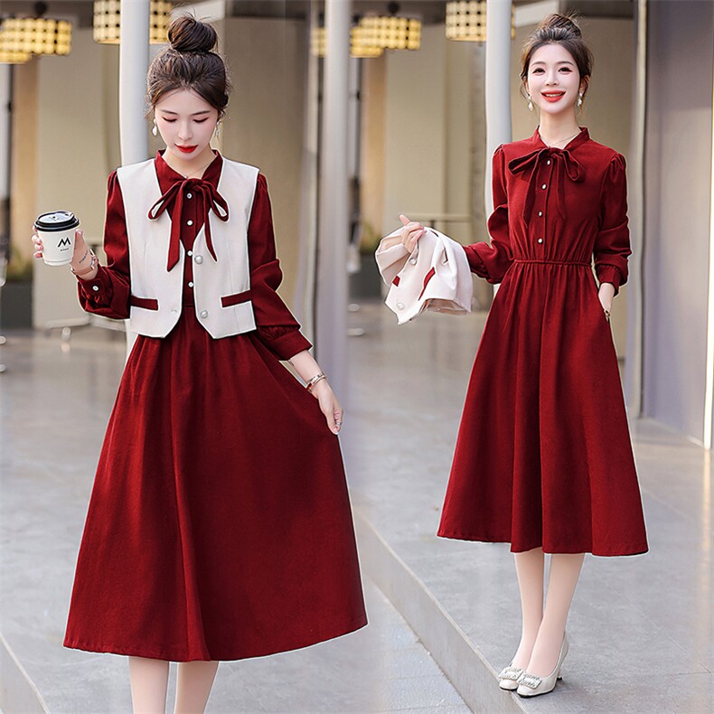 法式气质女春季长袖2025新款漂亮拼接收腰连衣裙马甲显瘦连两件套,女装套装/套裙,韩美纤衣