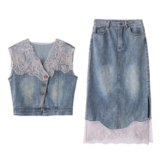 牛仔套装裙2025夏季新款气质女神范高端绝美小香风蕾丝一整套穿搭，女装套装/套裙，布芭啦