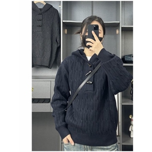 藏青色牛角扣半开衫卫衣男款秋季麻花毛衣针织衫cleanfit连帽外套图片
