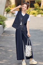 复古休闲牛仔马甲女2025春夏季新款小香风减龄阔腿裤T恤三件套，女装套装/套裙，蓝诺裳