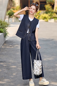 复古休闲牛仔马甲女2025春夏季新款小香风减龄阔腿裤T恤三件套图片