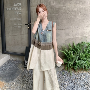 法式牛仔拼接马甲套装女夏季2025新款设计感小众宽松阔腿裤两件套图片