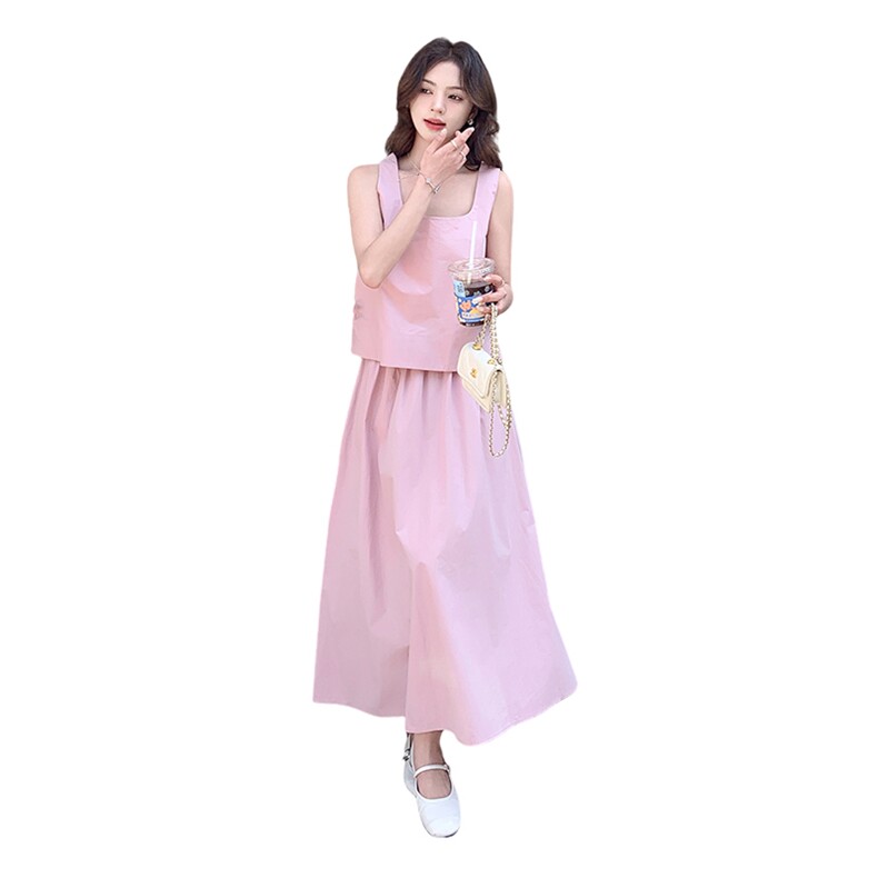 粉色超好看无袖背心套装裙女2025夏季新款法式温柔风半身裙两件套,女装套装/套裙,2C032