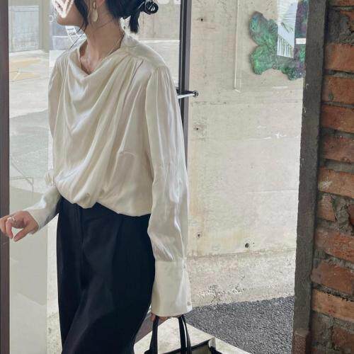 褶皱荡领系带长袖衬衫，女装衬衫，Vase