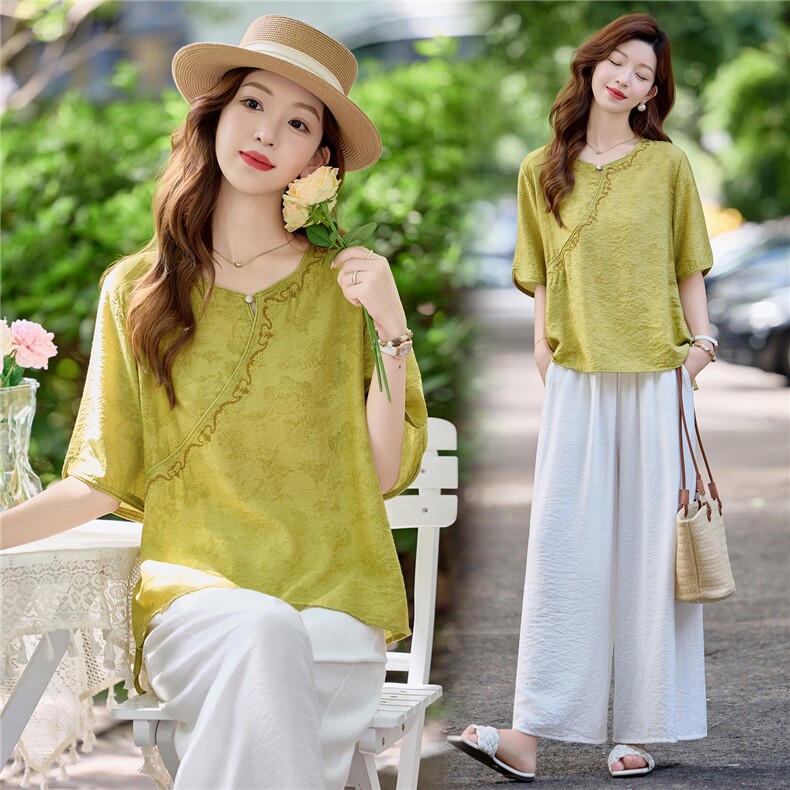 新中式国风时尚套装女2025夏季新款复古刺绣衬衫上衣阔腿裤两件套，女装套装/套裙，魅影