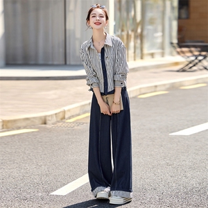 条纹衬衫牛仔阔腿裤套装女2025春秋新款韩版休闲减龄设计感两件套图片