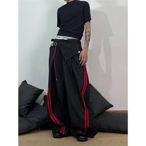 美式假两件可拆卸屁帘侧边条纹弯刀阔腿设计感牛仔裤LNK0055-p68图片