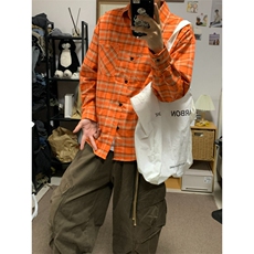 网络图现货美式复古设计感格纹男女宽松情侣百搭衬衣J2234-P32，男装衬衫，星座715-7