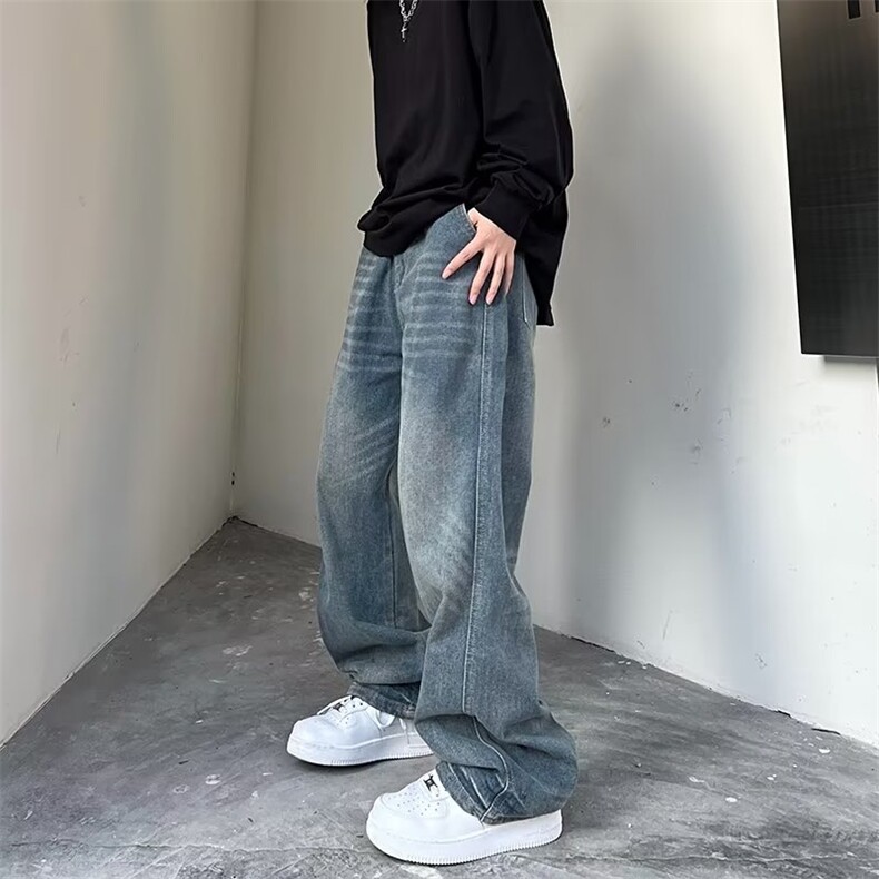 水洗做旧复古泼墨牛仔裤男女潮美式直筒长裤Z5093P45图片