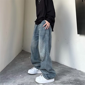 水洗做旧复古泼墨牛仔裤男女潮美式直筒长裤Z5093P45图片