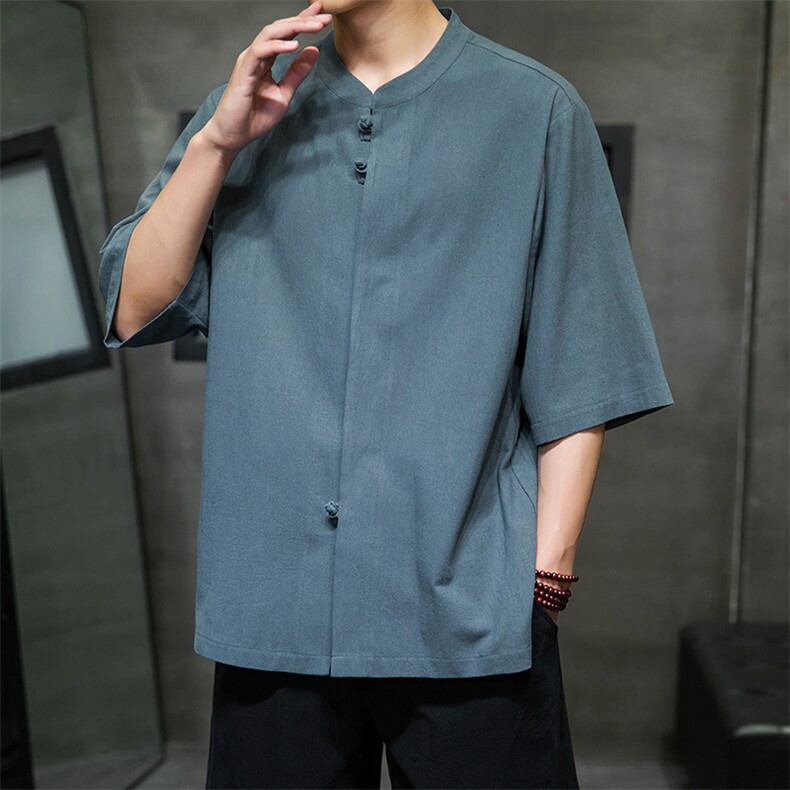 2023风男装盘扣唐装汉服五分袖短袖衬衫A203A-6809,男装T恤,星座815-1（原A203A）