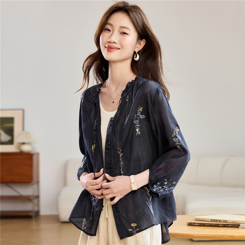 2026春秋季苎麻时尚简约大方气质优雅刺绣休闲透气衬衫，女装衬衫，独衣靓