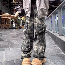 美式高街迷彩多口袋复古工装裤男女春秋季直筒修身显瘦微喇休闲裤，女装牛仔裤，星座506A