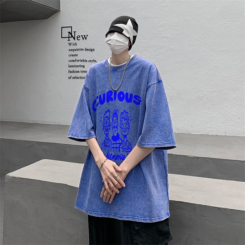 B239-1077-P38复古水洗做旧卡通字母印花重磅落肩袖短袖T恤,男装T恤,星座514-2(原B239)