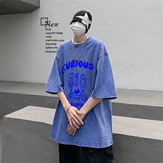 B239-1077-P38复古水洗做旧卡通字母印花重磅落肩袖短袖T恤，男装T恤，星座514-2(原B239)