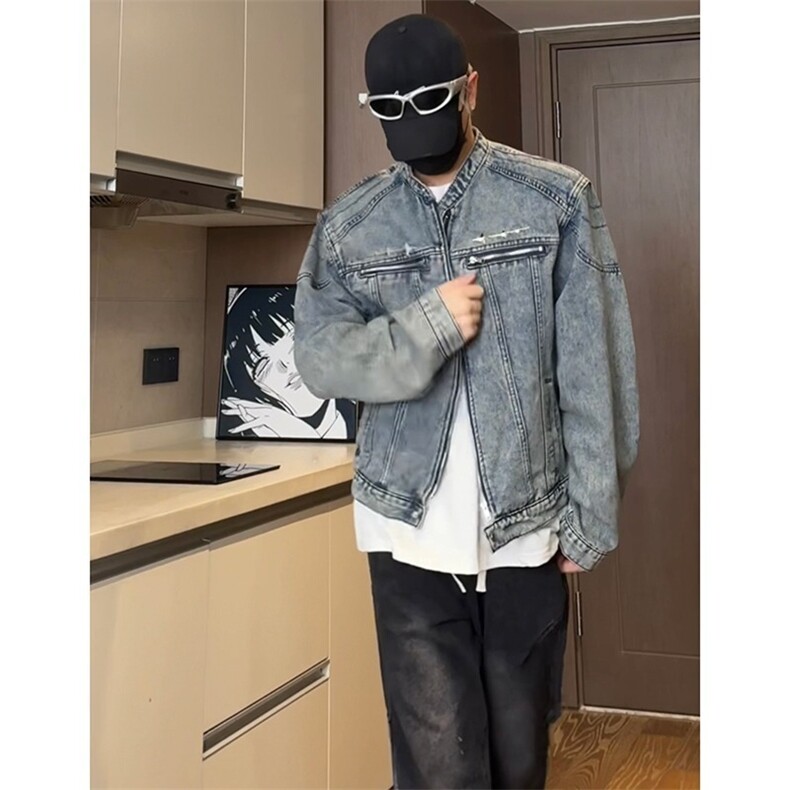 复古蓝垫肩牛仔外套男高级感痞帅短款夹克工装拉链机车服JKN10，男装工装外套，星座516A