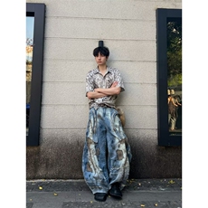 男女美式污渍乱针弯刀牛仔裤2025阔腿牛仔宽松镰刀裤RK3141-P92，男装牛仔裤，星座412-1