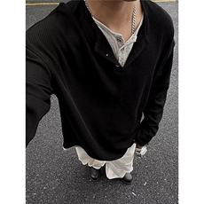 美式高街假两件t恤男双层领设计感修身长袖打底领灯芯绒叠穿卫衣，男装T恤，星座1210-1