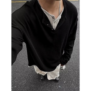 美式高街假两件t恤男双层领设计感修身长袖打底领灯芯绒叠穿卫衣图片