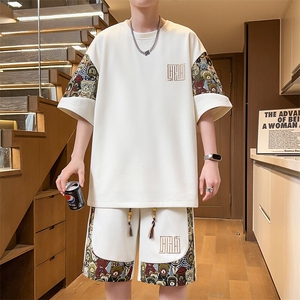 夏季刺绣T恤短裤两件套潮菠萝格休闲运动套装男A266-TZ8808-P50图片