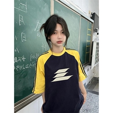 夏季美式高街重磅纯棉三条杠织带插肩撞色男女短袖T恤CZ50-特P25，男装T恤，电商A486