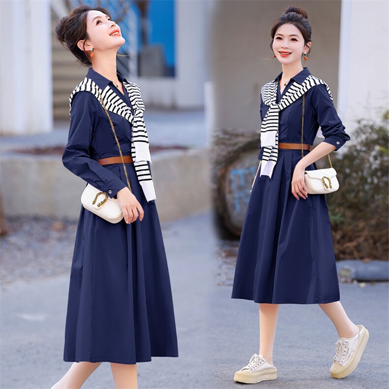 法式气质长袖连衣裙女2024春秋新款收腰显瘦设计感条纹披肩衬衫裙，女装连衣裙，木橙西子