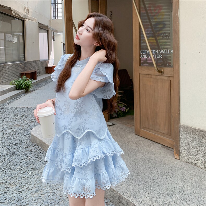 国潮风轻奢减龄蓝色两件套女2025夏季新款高级重工盘扣上衣半身裙图片