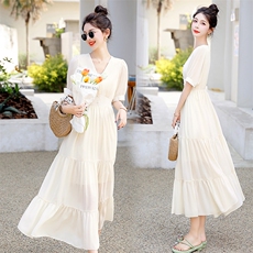 2023夏季新款纯色连衣裙优雅V领显瘦长裙气质淑女风，女装连衣裙，关键词