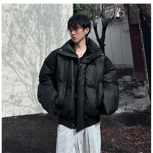 现货5W件冬季三防重磅硬挺boxy短款羽绒立领PU皮棉衣外套加厚棉服图片